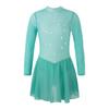 Children Girls Shiny Rhinestones Mesh Keyhole Back Figure Ice Skating Dress Long Sleeves Roller Skating Ballet Dance Leotard Dress