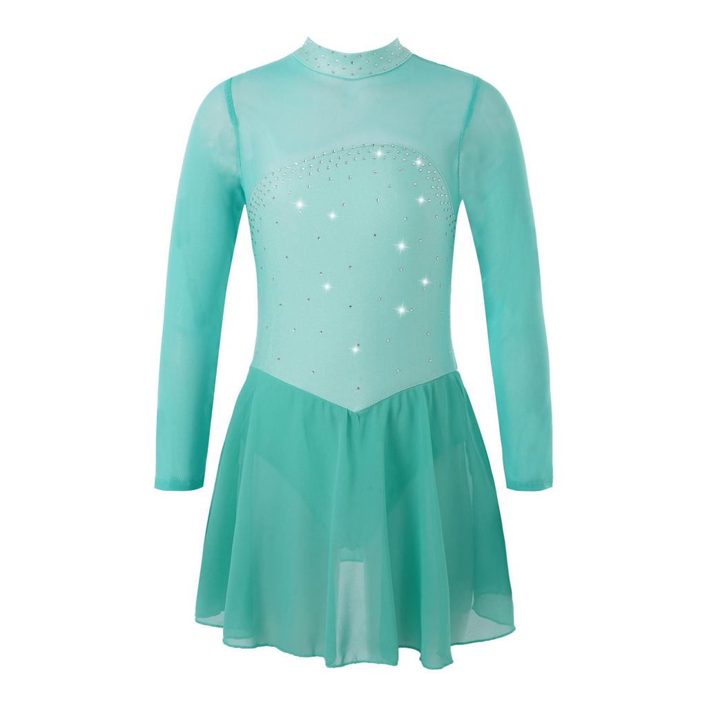 Children Girls Shiny Rhinestones Mesh Keyhole Back Figure Ice Skating Dress Long Sleeves Roller Skating Ballet Dance Leotard Dress