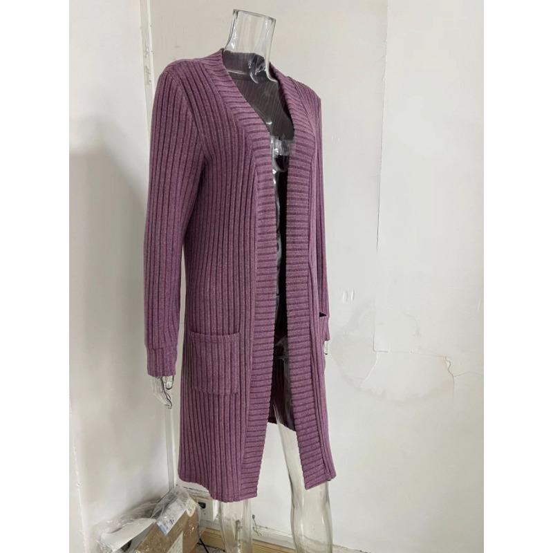 Женская осенне-зимняя длинная однотонная куртка-кардиган с длинным рукавом и свободными карманами