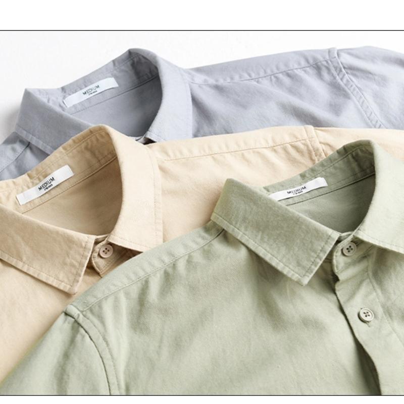 Весна/Осень 100% Хлопок Мужские Рубашки с Длинным Рукавом Повседневные Топы Отложной Воротник Двойные Карманы Зеленая Рубашка Корейский Ретро Стиль Мужская Одежда