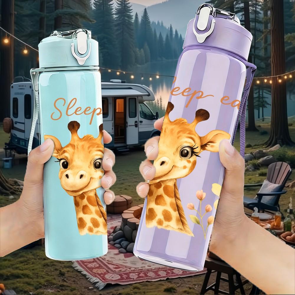 1PC Sleep Care Giraffe Flower 750ml Color Plastic Sports Water Bottle Leakproof Flip Straw Lid Suitable for Sports Office Home Use