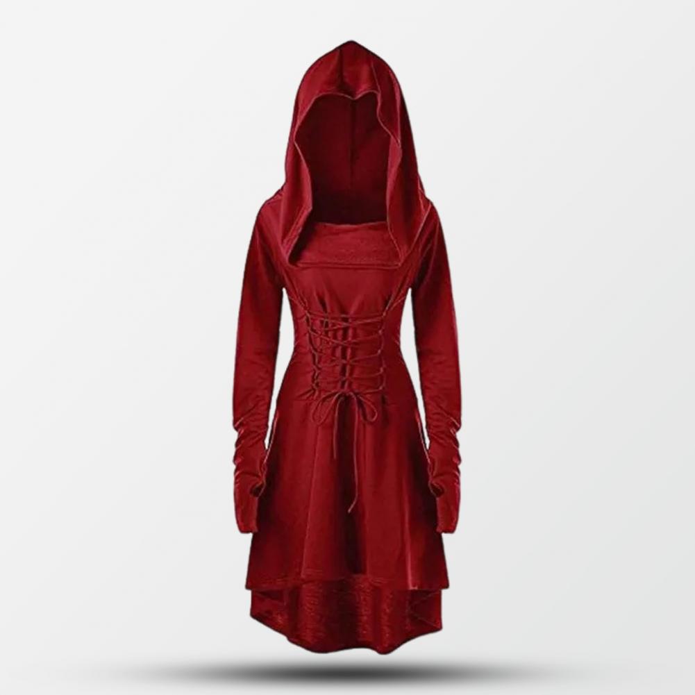 Women Cosplay Dress Gothic Solid Color Lace-up Strap Slim Waist Irregular Hem Hooded Long Sleeves Theme Parties Role-Playing St Practical Use