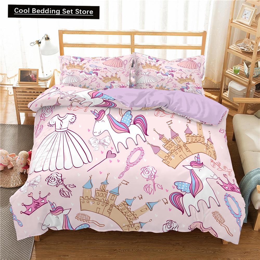 Kids Cartoon Duvet Cover Set Full/Queen Microfiber 3D Bedding Set Soft Pink Castle Princess Comforter Cover with Home Textile