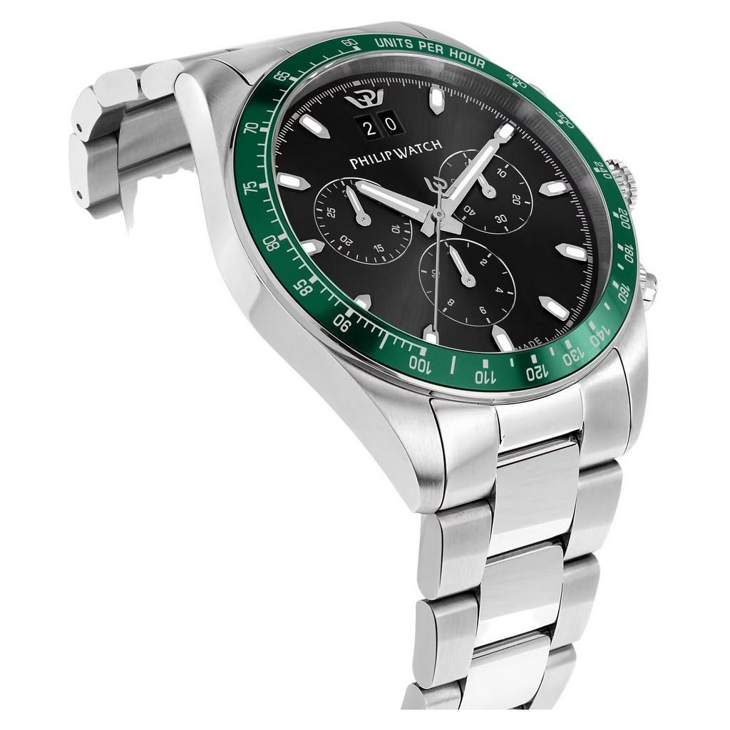 Philip Watch Swiss Made Caribe Sport Chronograph Stainless Steel Black Sunray Dial Quartz R8273607010 100M Men's Watch