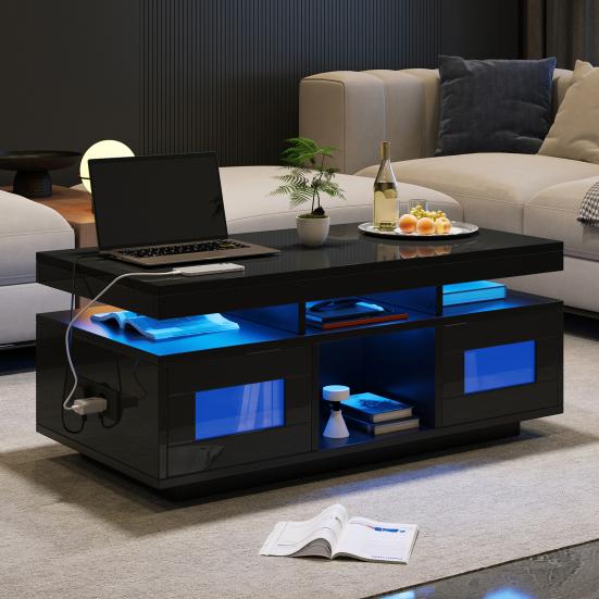 100x50x43cm Black High-Gloss Coffee Table, with LED Lights Controllable, Mobile App, Living Room Table with Cabinet, Sofa Table with Charging Port And