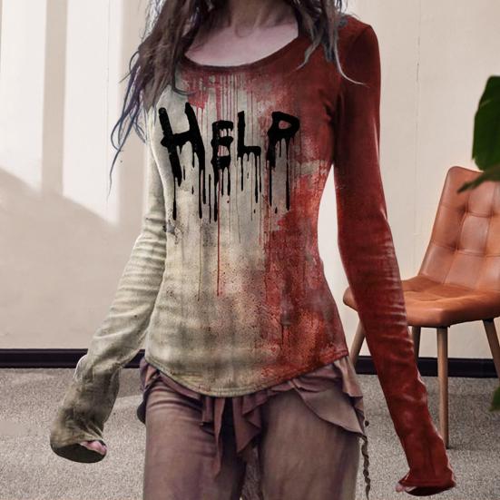 Женская футболка с принтом крови и эффектом 3D на Хэллоуин, с круглым вырезом и длинным рукавом, облегающая, эластичная