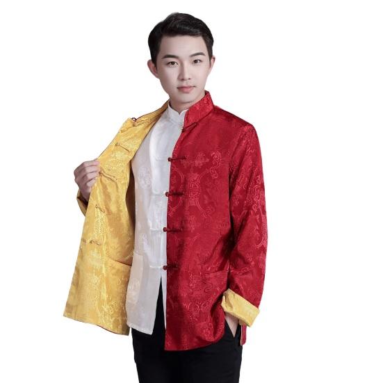Мужская рубашка в китайском стиле, костюм Тан, рубашка с воротником-стойкой, имитация атласа, двусторонний принтованный топ, просторная цветная рубашка для повседневной носки на праздниках
