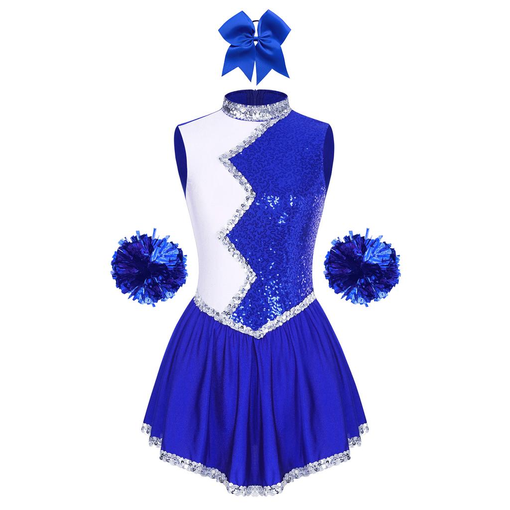 Womens Shiny Sequin Color Block Sleeveless Dress Bowknot Headwear Flower Balls Cheerleading Dance Costume
