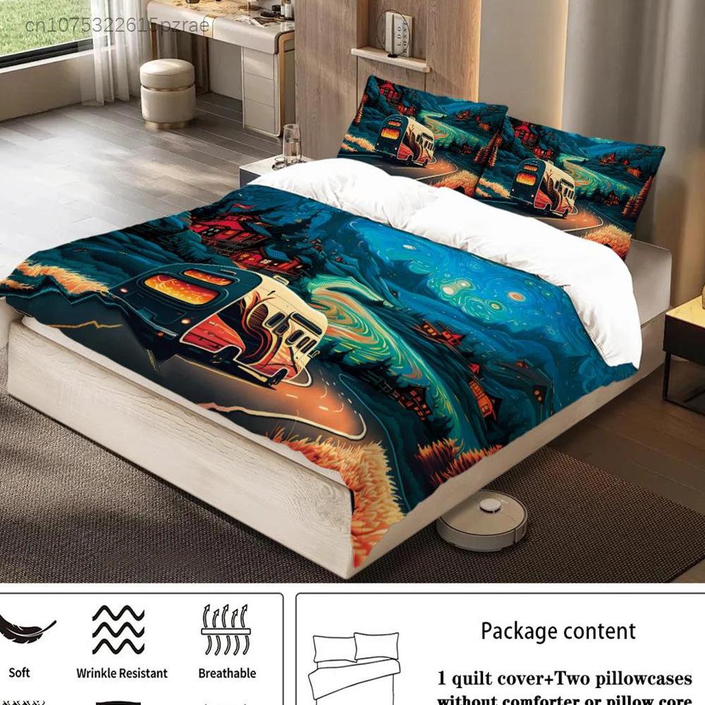 3-piece set, Camping Pattern Printed Duvet set, queen, king, Double bed, Party  Funny And Creative Bedding Set