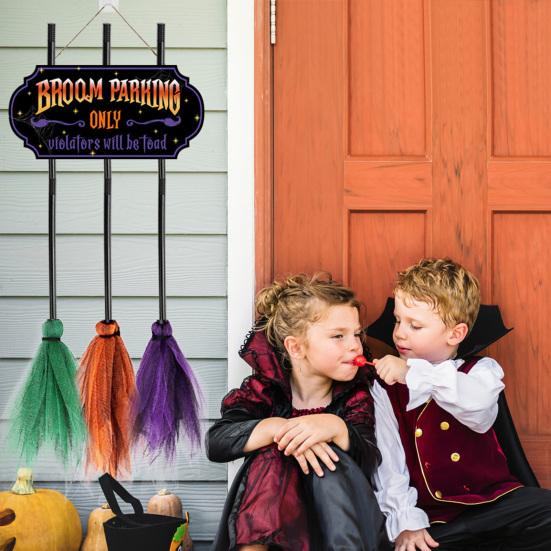 Знак парковки в виде метлы на Хэллоуин с 3 деревянными метлами ведьмы, подвесное украшение из цельного дерева, декоративный знак парковки в виде метлы на стену переднего крыльца