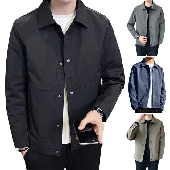 Мужская куртка с лацканами, длинным рукавом, застежкой на пуговицы, пальто с боковыми карманами, весна-осень, однотонная повседневная верхняя одежда