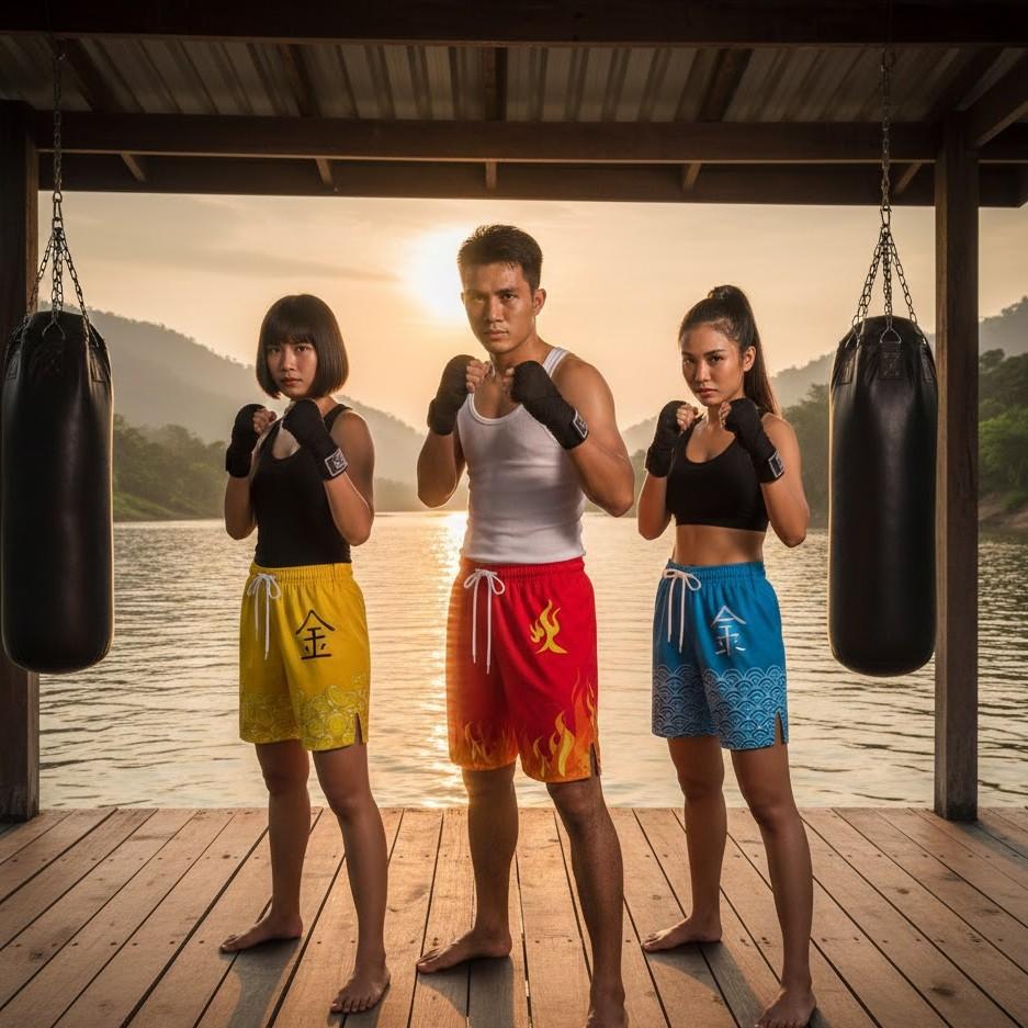 Chinese Fire Flame Wave Money Coin Muay Thai Kickboxing Training Shorts Print Martial Art Boxer Unisex Men Women Fighting Fitness Sport Gym Workout
