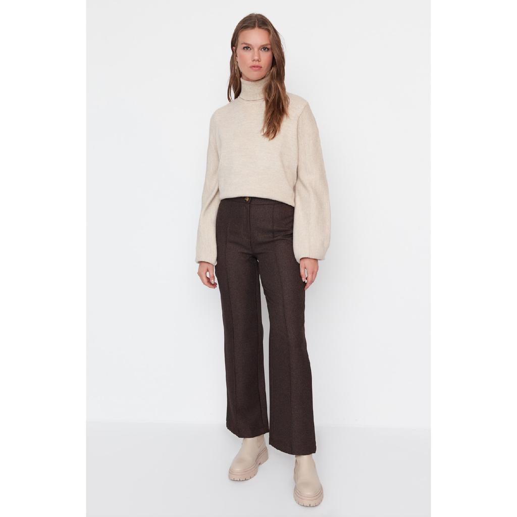 Brown High Waist Rib Detailed Wide Leg Woven Trousers Tctaw23tp00006