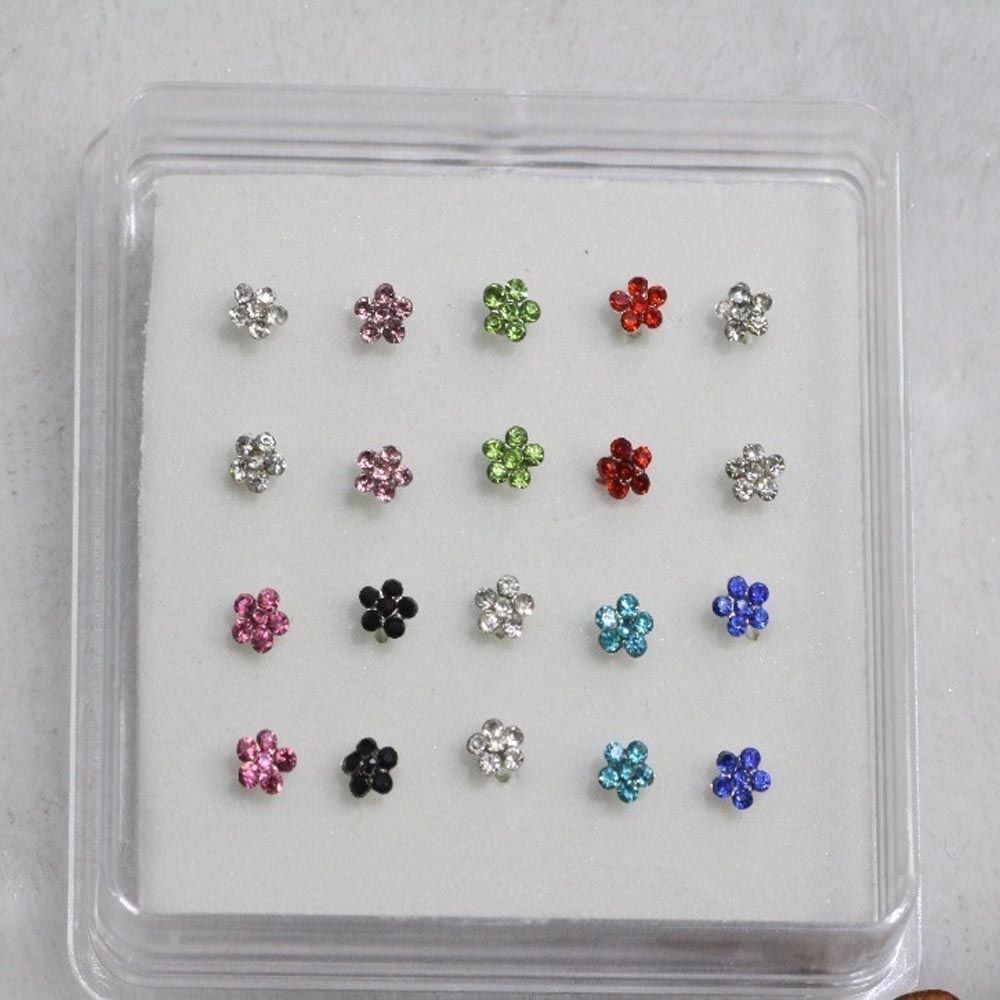 Silver 20PCS Fashion Stainless Steel Jewelry Nose Rings Gems Flower Body Piercing Nose Studs Ring