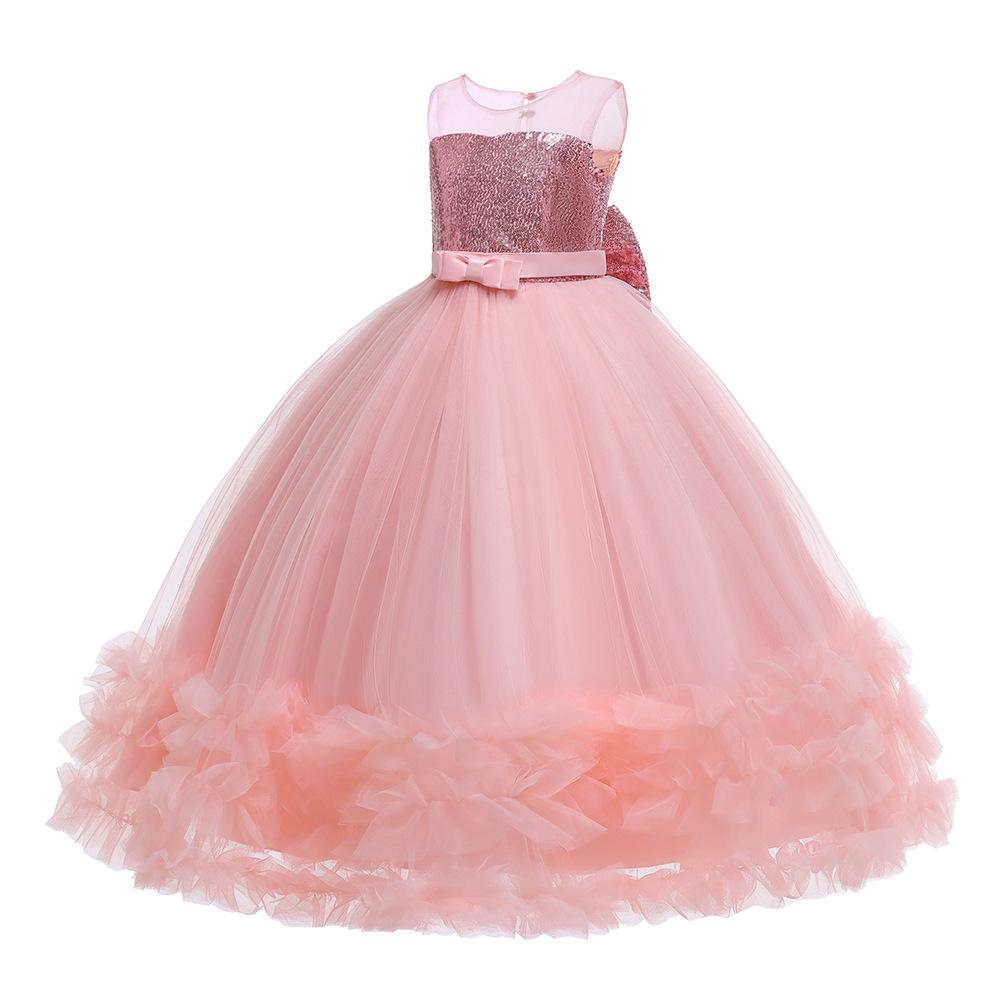 Girls Sequins Tulle Dress Sleeveless Bowknot Birthday Prom Princess Wedding Pageant Communion Party Long Ball Gown