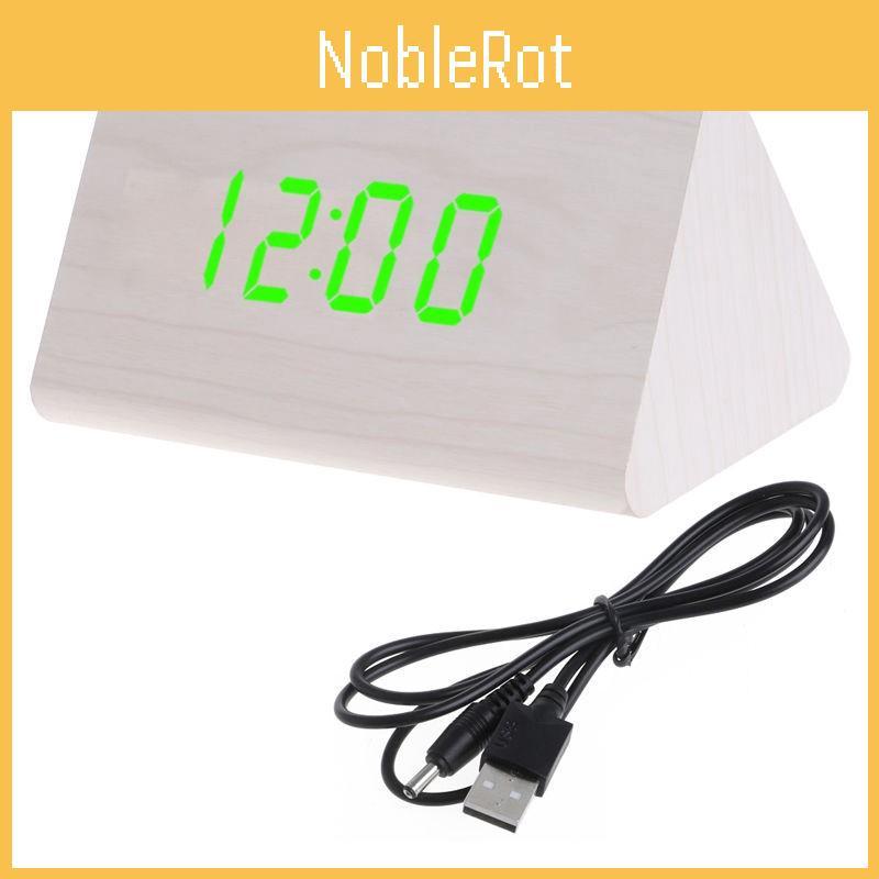 Sleek Wooden Voice Control Led Display Alarm Digital Triangular Desk Clock Thermometer