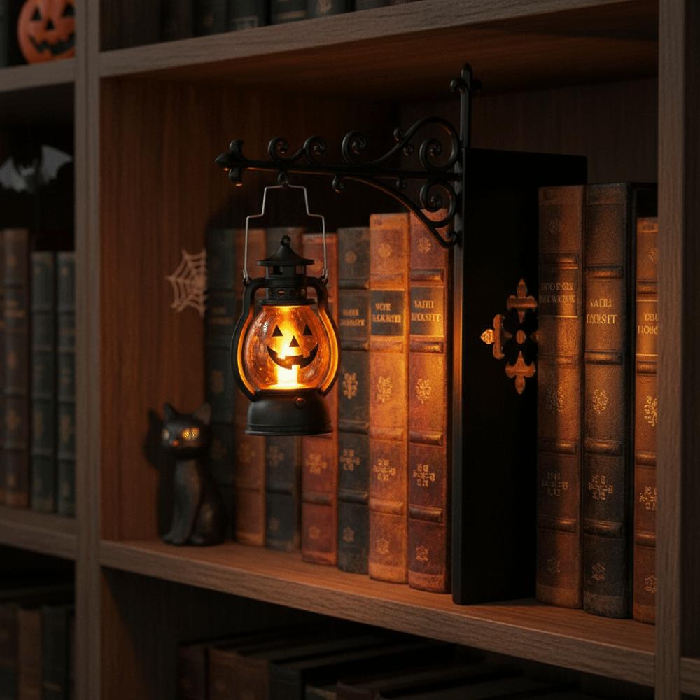 Matte Black LED Glowing Lantern Wrought Iron Gothic Bookshelf Decor Home Organizer