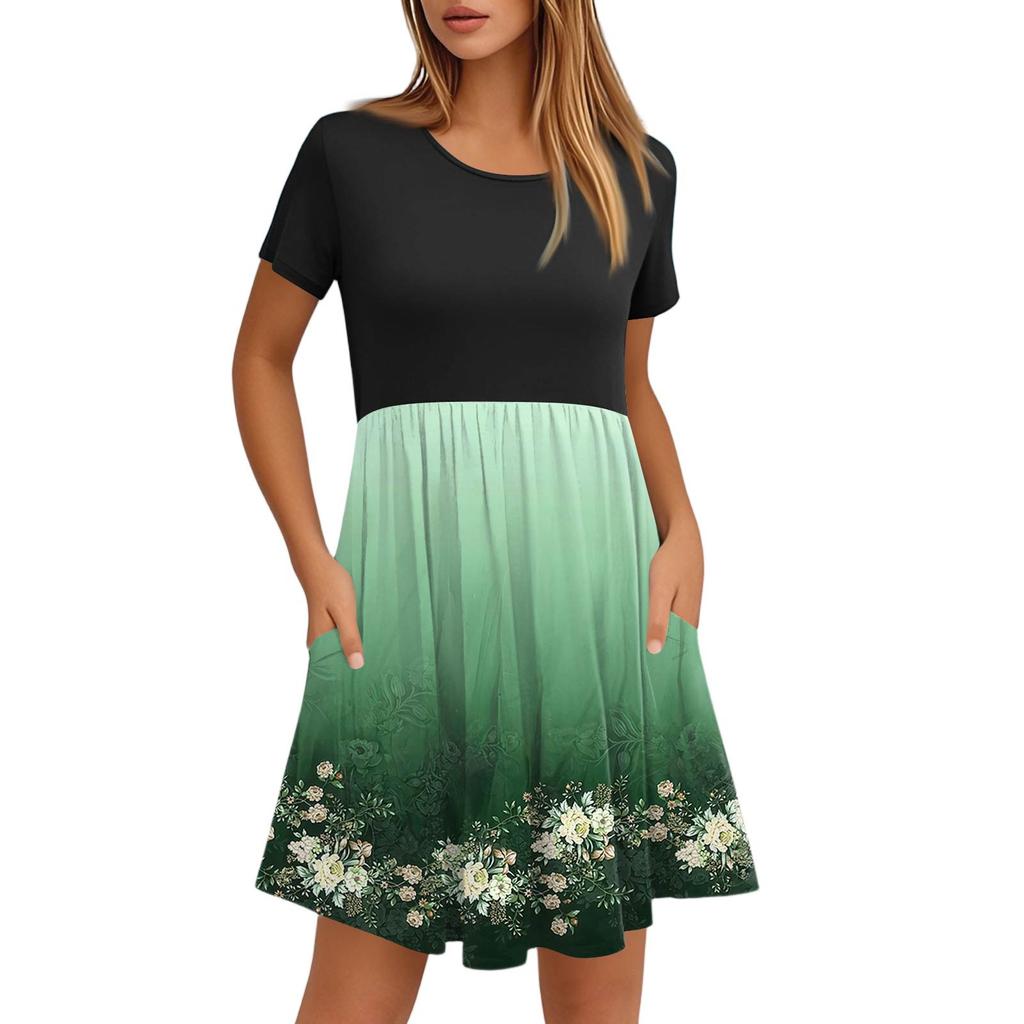 Женские модные повседневные свободные платья с круглым вырезом и коротким рукавом с принтом и карманами