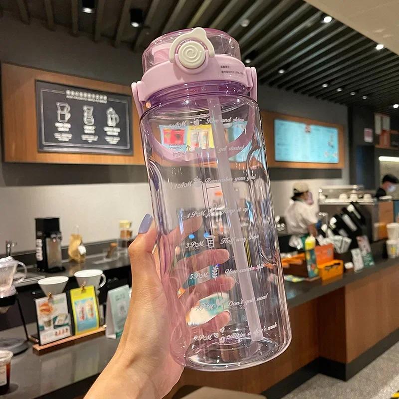 2L Sport Straw Water Bottle Time Scale Plastic Summer Cold Juice Water Cup Large Capacity Portable Travel Bottles Water Bottle