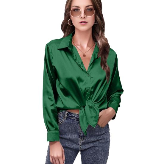 Женская рубашка с лацканами, длинным рукавом, из гладкого атласа, топы, однотонная, свободного кроя, повседневная рубашка, рубашка офисной леди, для повседневной носки