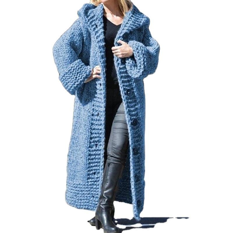 Women Knit Long Sleeve Warm Hooded Thick Cardigan Coat Winter Fashion Plus Size Knitted Sweater Ladies Long Coat Cloak Outwear