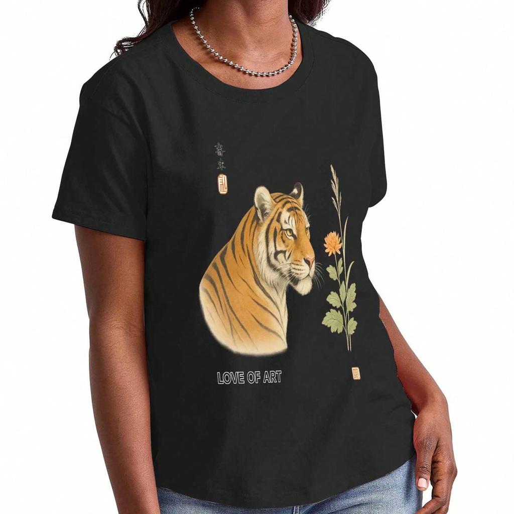 Tiger Graphic Ladies Pure Cotton T Shirt, Pure Cotton HighQuality Print, Durable, Casual Fashion, Tiger Illustration Tee, Wild Animal Style, Soft And