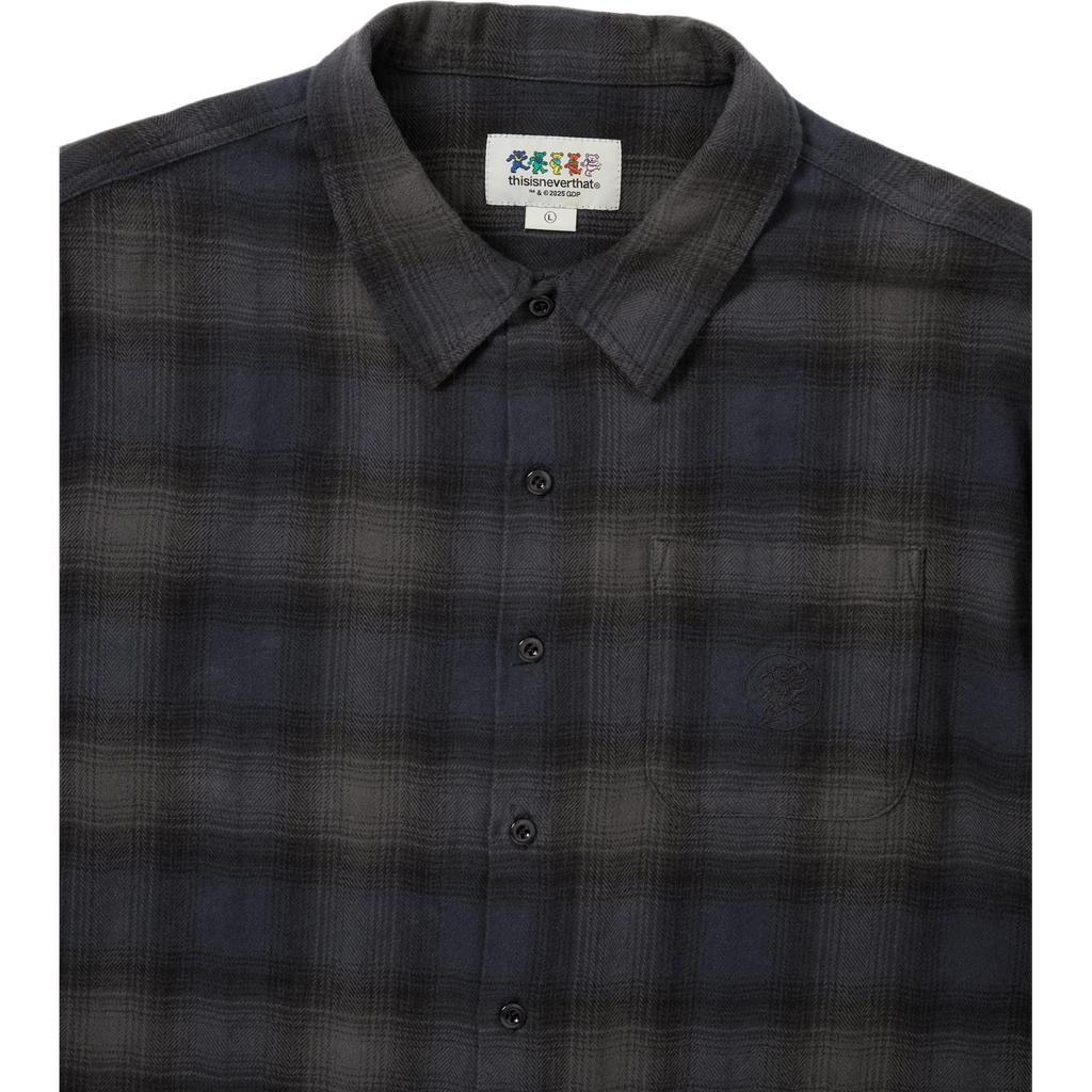 Thisisneverthat X Grateful Dead Collaboration Left Chest Single Pocket Pattern Plaid Button Long Sleeve Shirt Unisex shirts GD253WSHTL01NAV