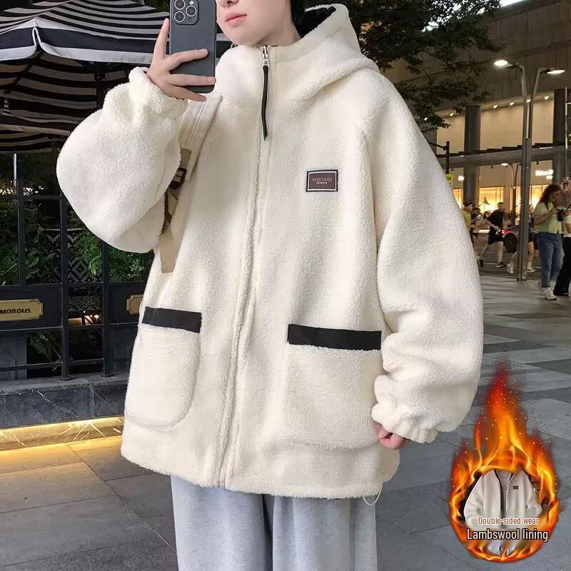 Мужская куртка с капюшоном из овечьей шерсти: Двусторонний, с бархатной подкладкой, Повседневный свободный крой для осени/зимы