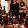Женское модное повседневное платье приталенного кроя с круглым вырезом, рождественским принтом и длинными рукавами