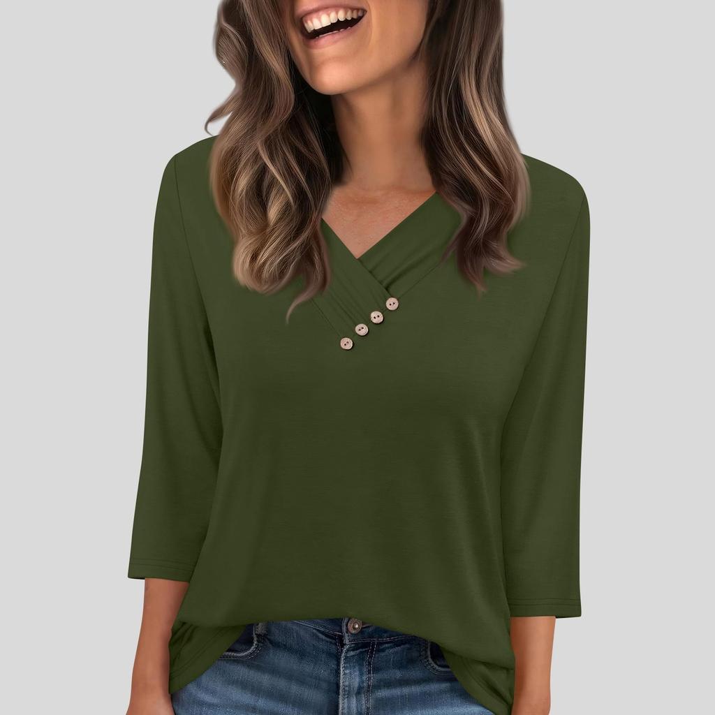 Женская футболка, футболка, пуговица, рукав 3/4, туника, повседневная, для выходных, модная, базовая, с V-образным вырезом, обычный топ