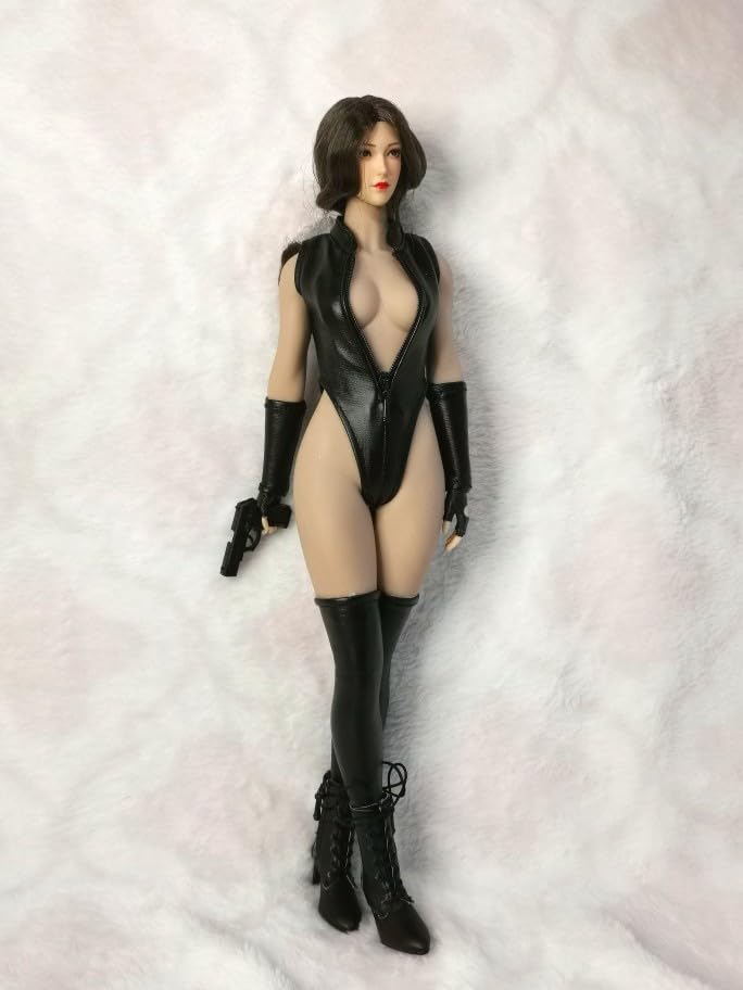 Compatible with TBLeague Body for Scale Action Figure DMTOYS Beautiful Woman Fashion Sexy Black Black Leather High Leg Jumpsuit and Arm and Leg Cover