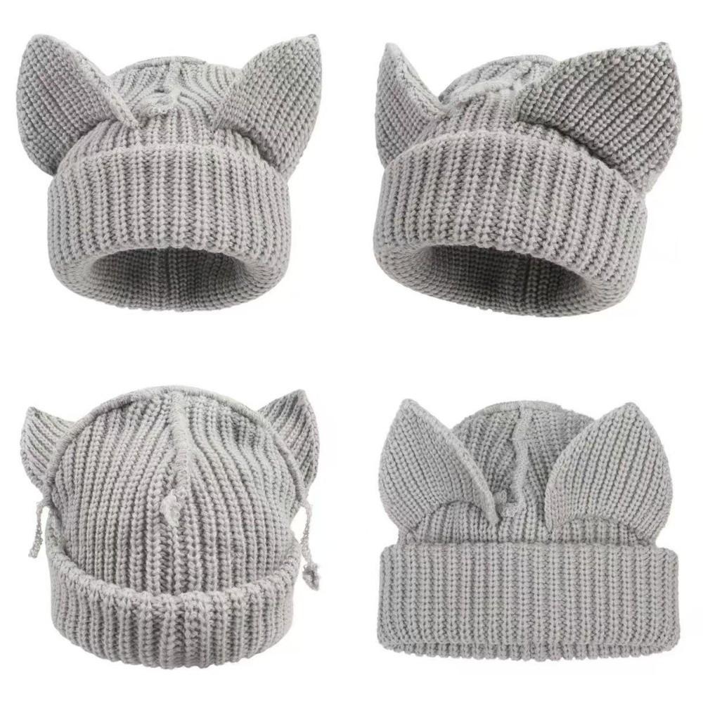 Stretchable Knit Cat Ear Beanie Yarn Striped Beanie Gifts Knitted Beanie Hat Women and Men