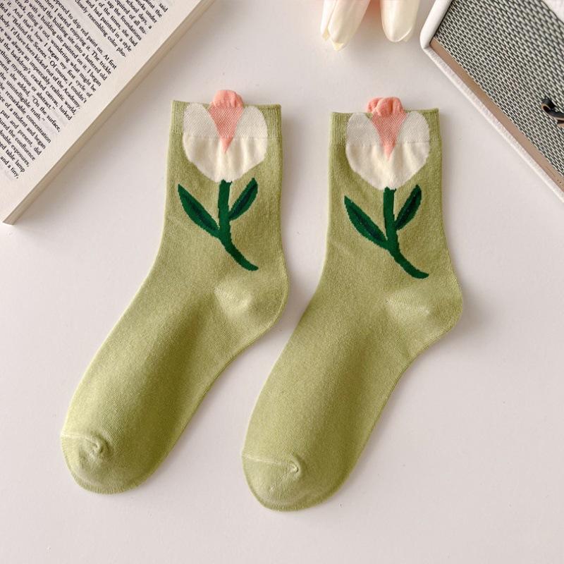 Носки Tide Tulip Pure Middle Flower Tube INS Flowers Korea Cotton Socks Jewelry