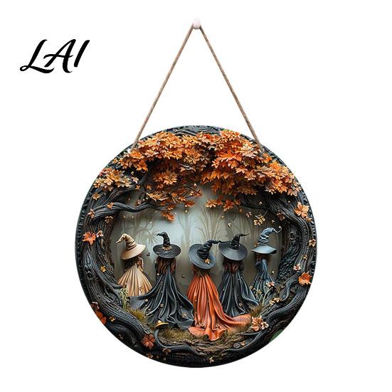 Unique House Warming Gift Halloween Round Wooden Hanging Door Sign with 5 Witches Decorative Outdoor Garden Plaque Wall for Home Front Porch