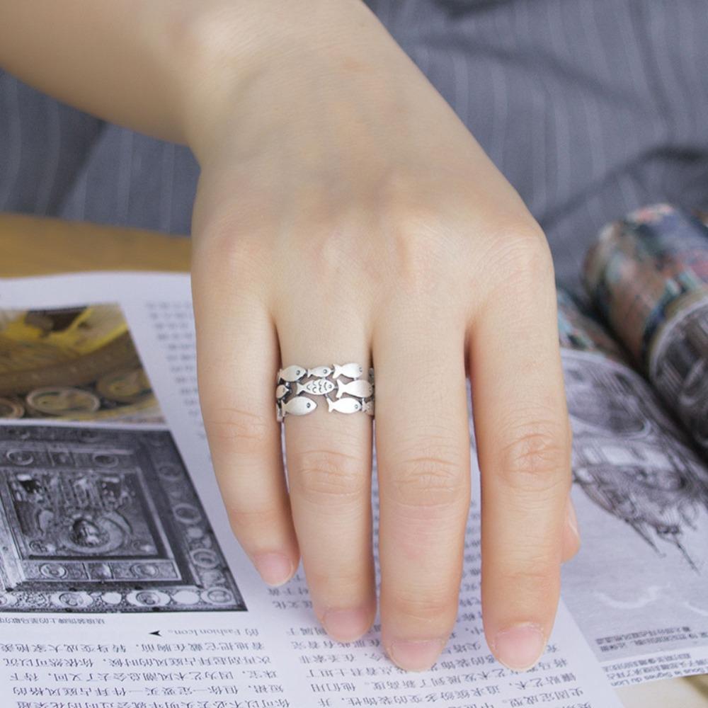 925 Silver Plated Retro Fish Open Ring Wide Band Unisex Thai Silver Jewelry Symbol of Abundance