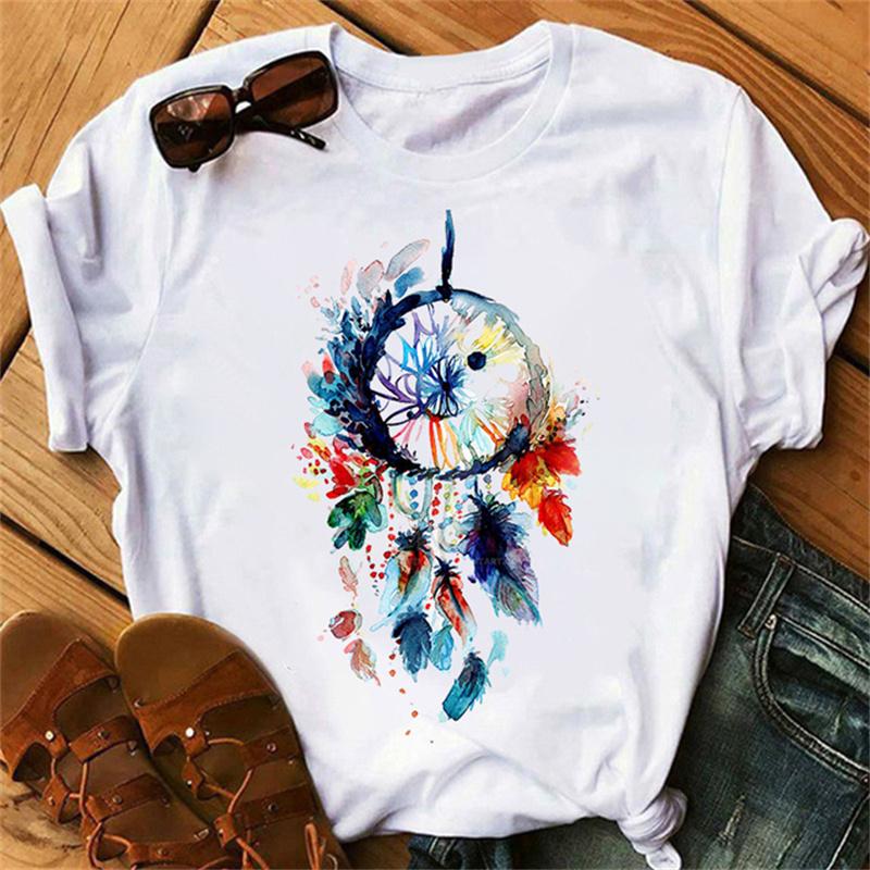 Fashion Feather Dreamcatcher T Shirt Women Harajuku Graphic Tees Shirt Femme Dream Catcher Women's T-shirt Clothes Tops