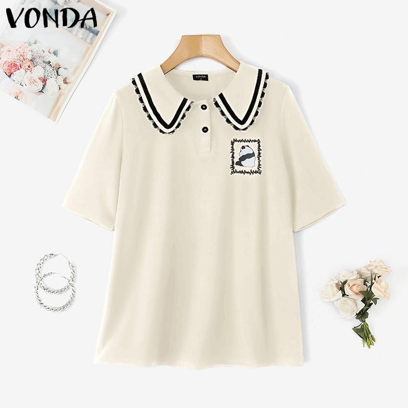 VONDA Women Doll Collar Short Sleeve Stitching Print College Style Blouse