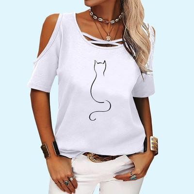 Женская повседневная футболка с круглым воротником, летняя и осенняя модная футболка с коротким рукавом и принтом, женская футболка с открытыми плечами