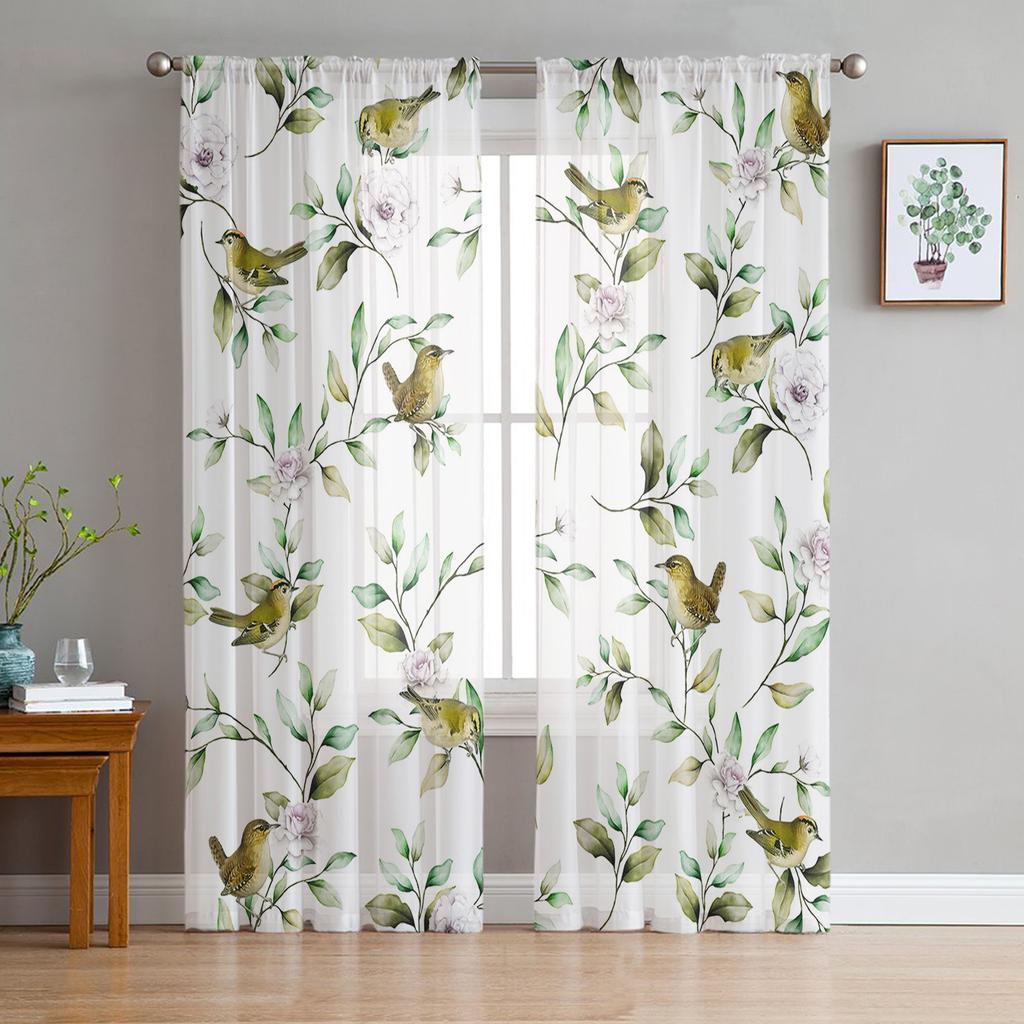 Plants Flowers Watercolor Birds Sheer Curtains for Living Room Decoration Window Curtains Kitchen Tulle Voile Organza Curtains