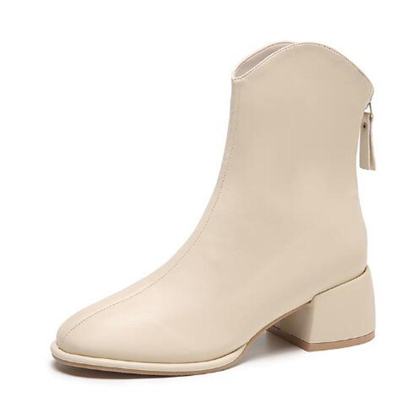 Autumn New Ankle Boots Women's Rear Zipper Leather Boots Casual Large Size Medium Heel Ankle Boots Women's Leather Boots P436