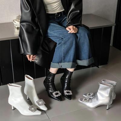 Осень 2025 новые остроносые тонкий каблук европейская и американская мода пряжка со стразами высокий каблук короткие сапоги тонкий высокий каблук модные женские сапоги