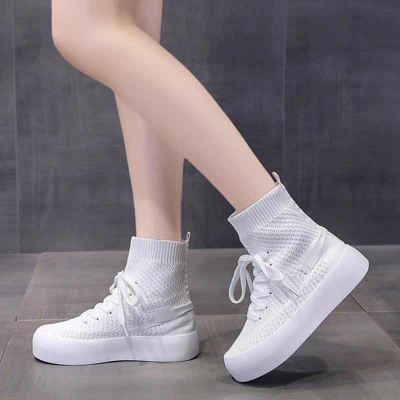 Женские трикотажные сапоги-носки из эластичной ткани 2024 года, осенние ботильоны на плоской платформе, женские зеленые туфли с толстой подошвой и полой сеткой