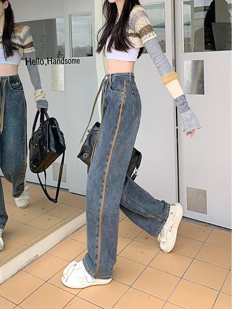 2023 New Korean High-Waist Wide Leg Slim Jeans for Women - Autumn/Winter Drawstring Design, Plus Size Available