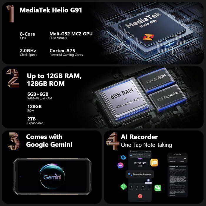 Smartphone Robuste Ulefone Armor X16 12Go+128Go 6,56" 10360mAh Telephone Portable Incassable Android 15 Double SIM/NFC/48MP Noir