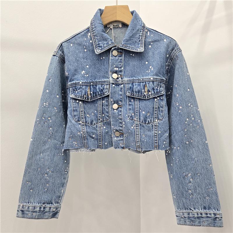 Европейская станция 2026 Весна Женская джинсовая куртка свободного кроя, украшенная стразами
