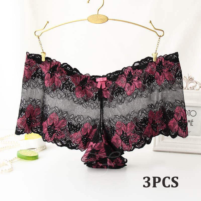 Flarixa 3PCS Women Lace Panties Breathable Underwear Floral Undies Sexy Lingerie Transparent Hipster Charming Knickers Girls Briefs