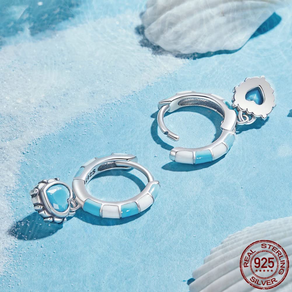 Rockyu Earrings for 925 Turquoise Heart Hoop Swaying Ring Sterling Hypoallergenic to Birthday Jewelry Women, Small, Beautiful, Silver, Earrings,