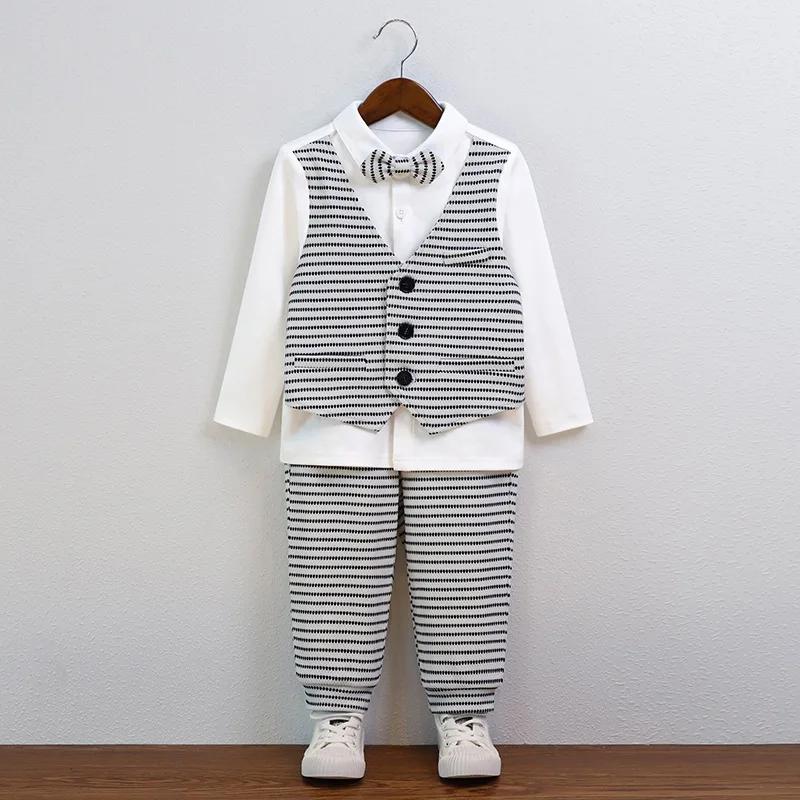 1 To 8 Y Children Clothing Set Autumn Casual Splicing Fake Two Pieces Baby Boys Birthday Suit Blue Fashion Print Toddler Outfits