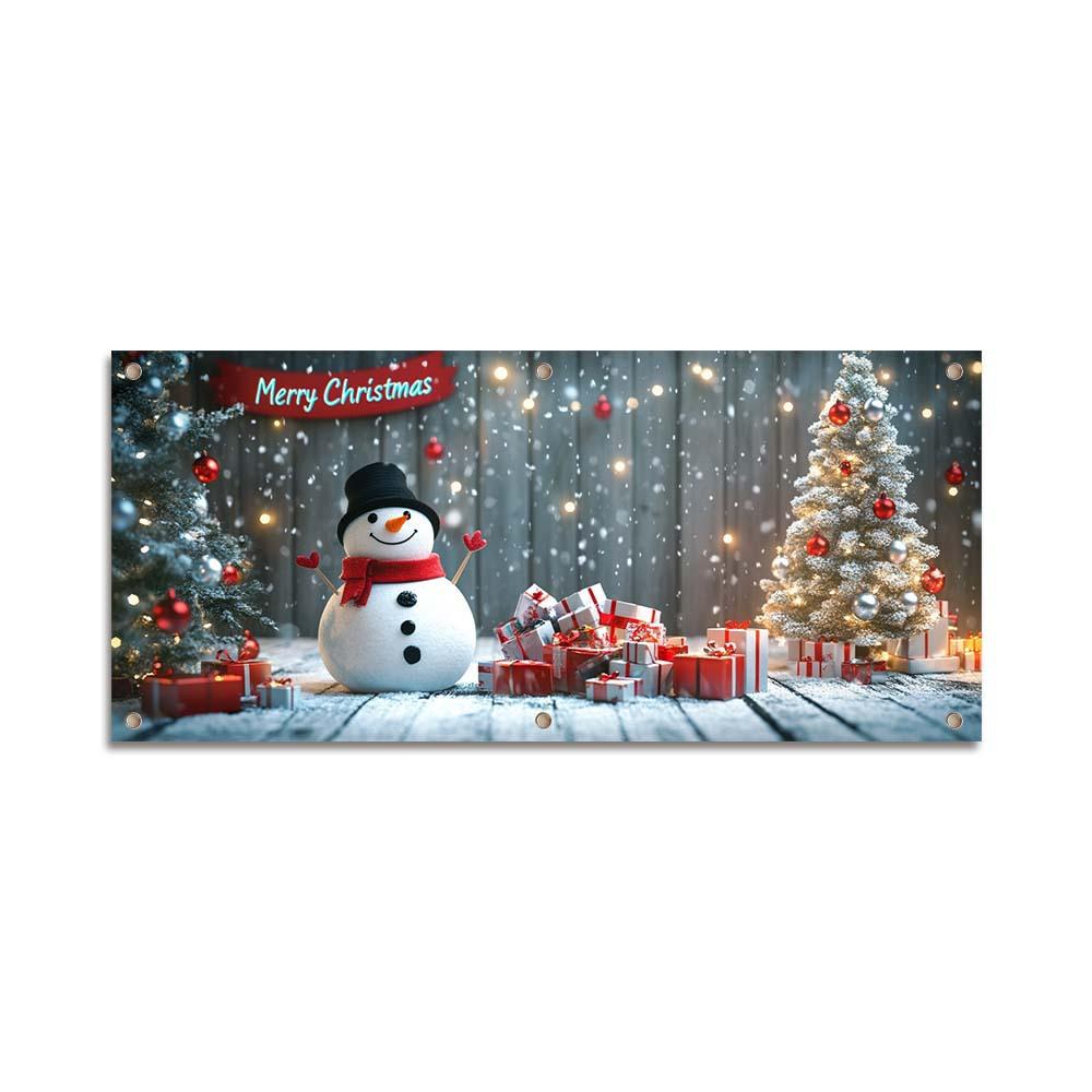 Decorate the garage door with Christmas yard banners and hang the party decoration backdrop.