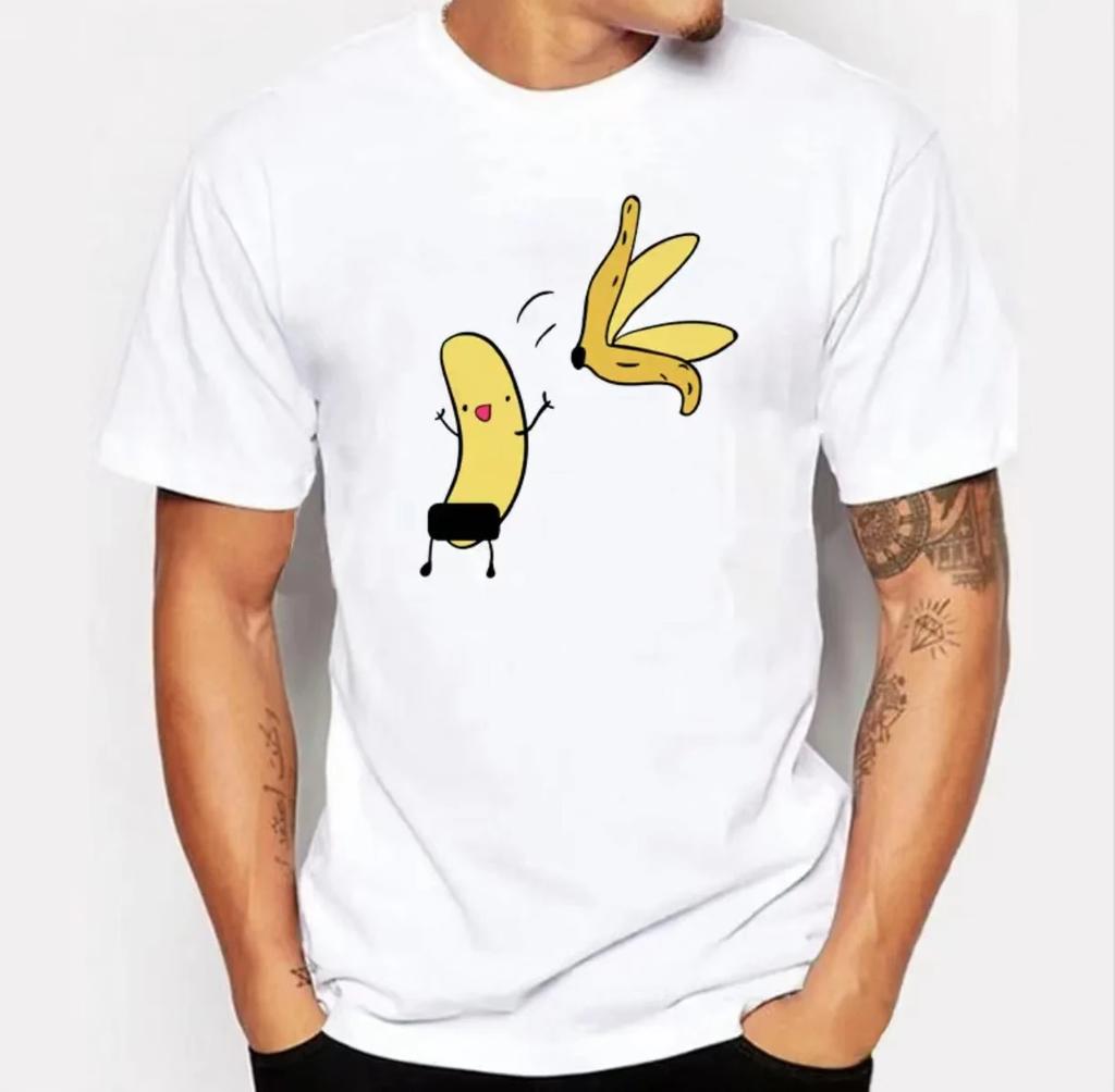 Мужская футболка с принтом забавного дизайна «Мужчина раздевается банан» Летняя юмористическая футболка-шутка Хипстерская футболка Белая Повседневная Хлопковая Футболка Наряды Уличная одежда